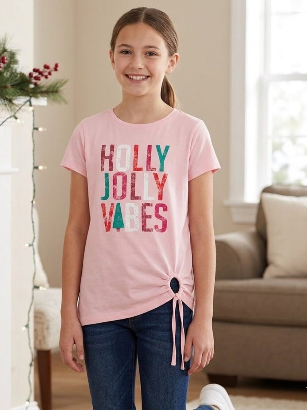NEW Evsie Holly Jolly Vibes Short Sleeve Christmas Graphic Tee Shirt Top Tee XS